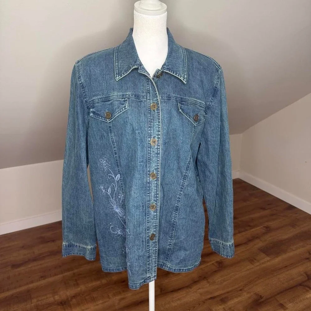 BOHO Alfred Dunner Boho Embroidered Denim Shacket Y2K Festival Size 12